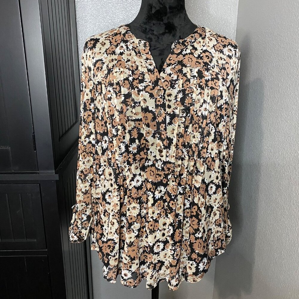 Ava & Grace Blouse Womens PXL Floral Tunic Roll Tab Sleeve Casual Boho Sheer